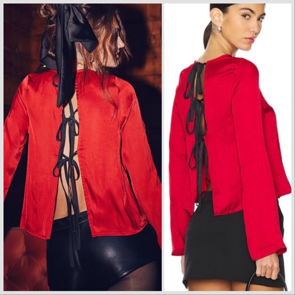 NWT Free People Tie Back Arabella Blouse Rubies Red Black Sz S